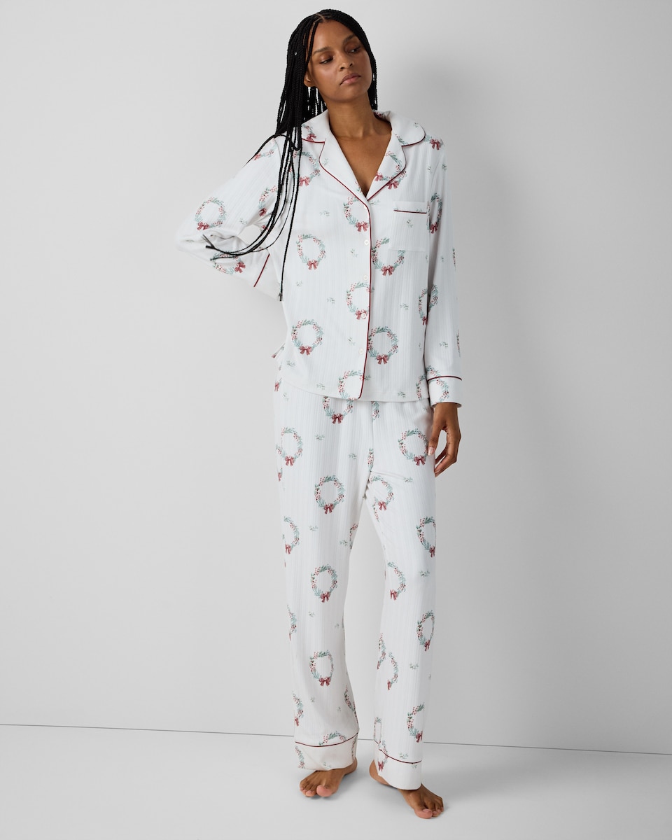 image 1 of Christmas Pointelle Wreath Revere Pyjama Set in Multi White