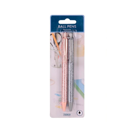 Tesco Glitter Retract. Ball Pen Rg&Gm 2 Pack Tesco Groceries