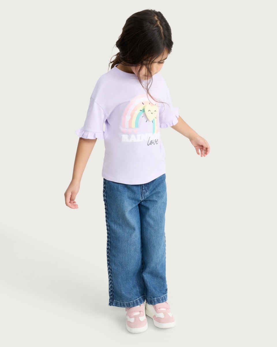 image 1 of F&F Girls Pure Cotton Rainbow Love Frill Sleeved T-Shirt in Multi