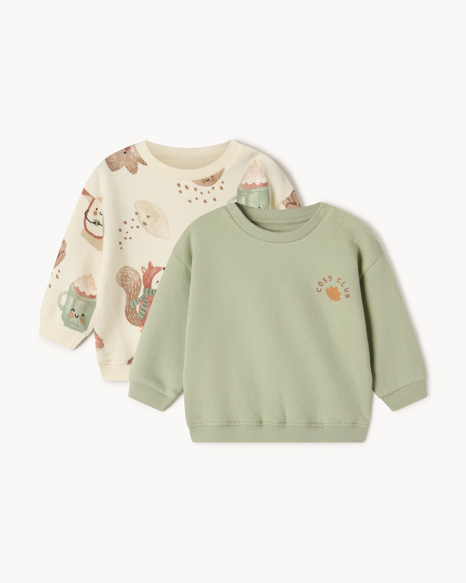 image 1 of F&F Baby 2-Pack Cotton Rich Woodland Print Sweatshirts in Neutral