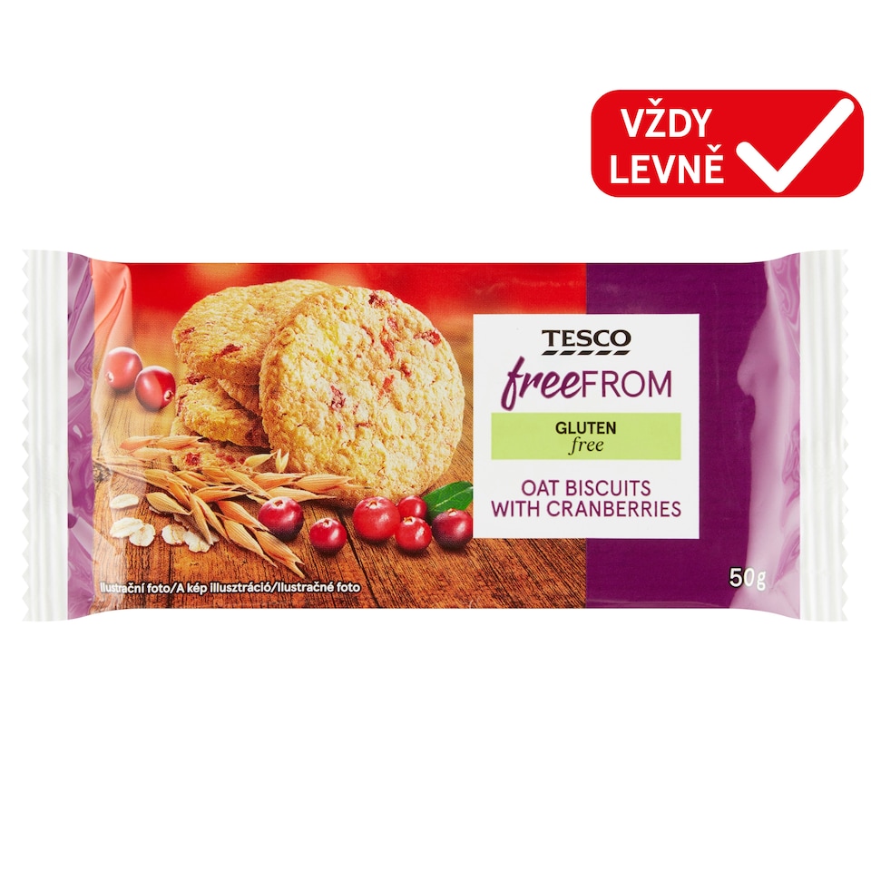 Tesco Free From Ovesné sušenky s kandovanými klikvami 50g