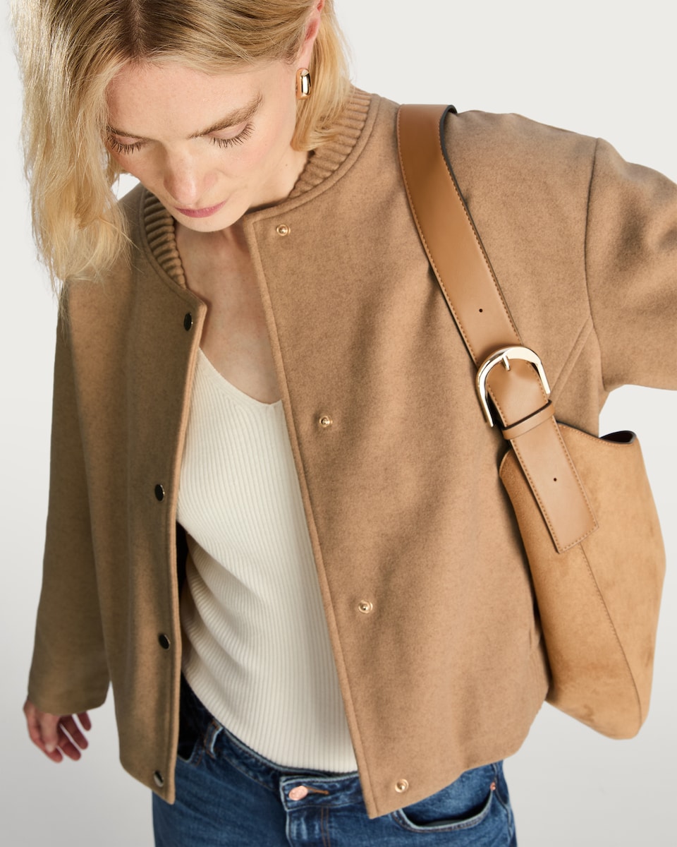 image 1 of The F&F Edit Ribbed Collar Buttoned Jacket in Med Nude