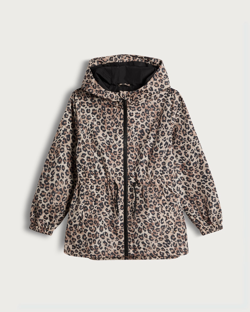 image 1 of F&F Girls Leopard Print Hooded Shower Resistant Jacket in Multi