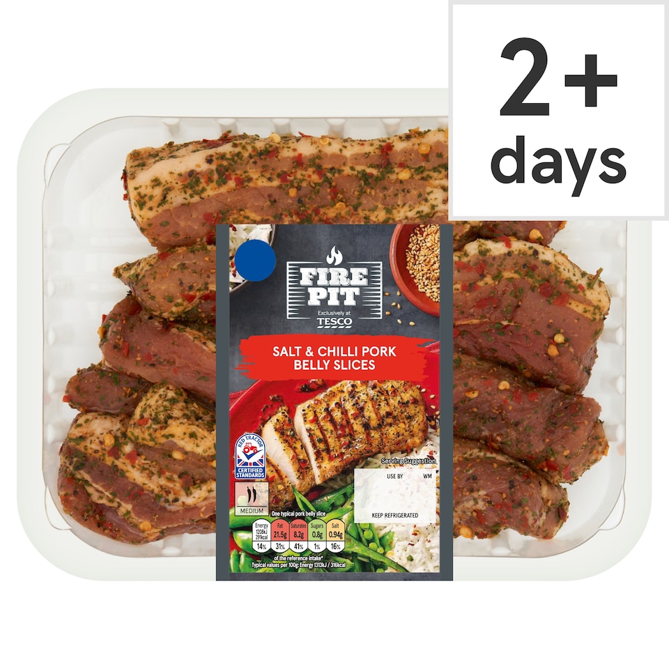  Tesco Fire Pit Salt & Chilli Pork Belly Slices 400G