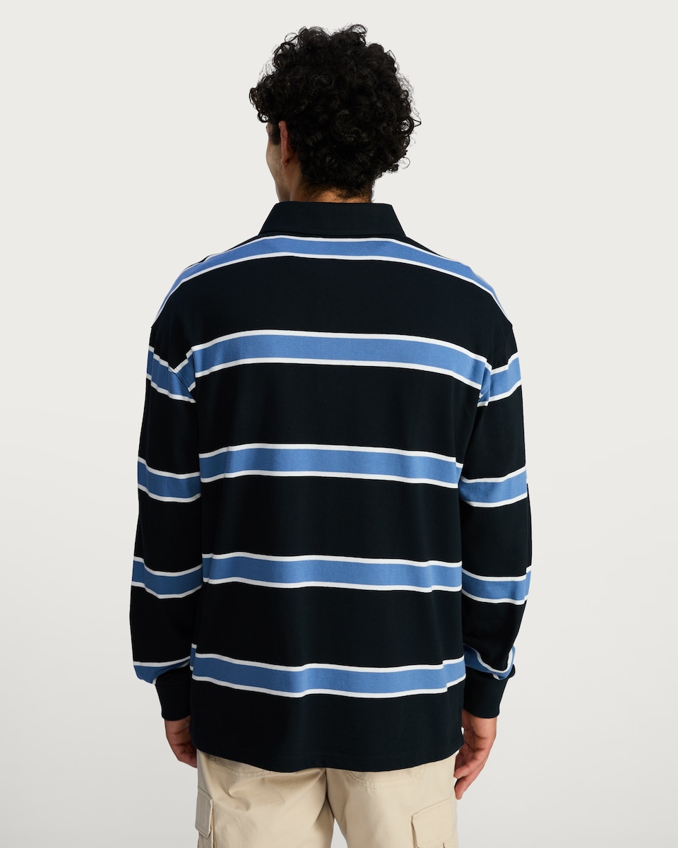 image 1 of F&F Pure Cotton Striped Long Sleeved Rugby Polo Shirt in Navy