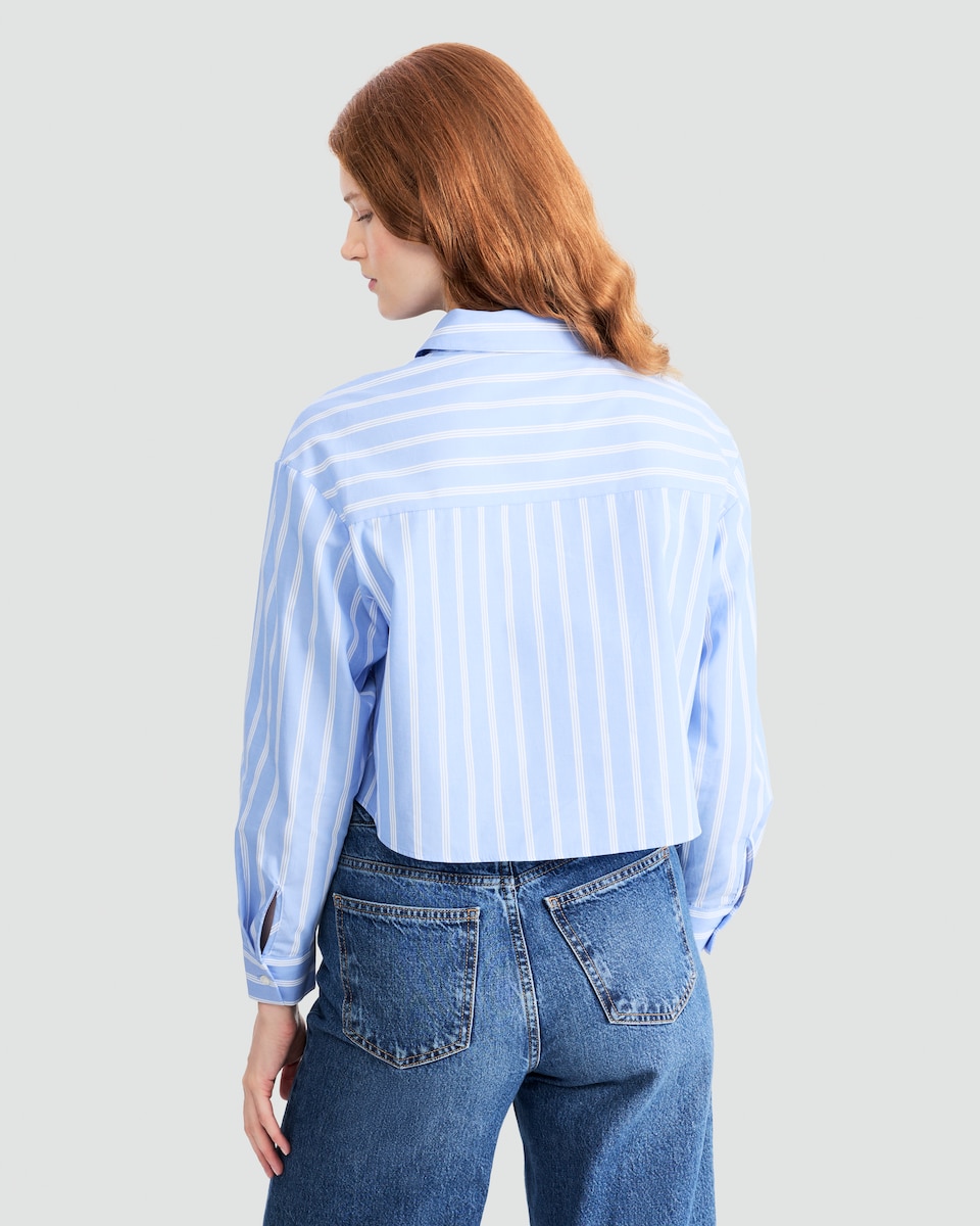 image 1 of F&F Pure Cotton Stripe Cropped Shirt in Multi Blue