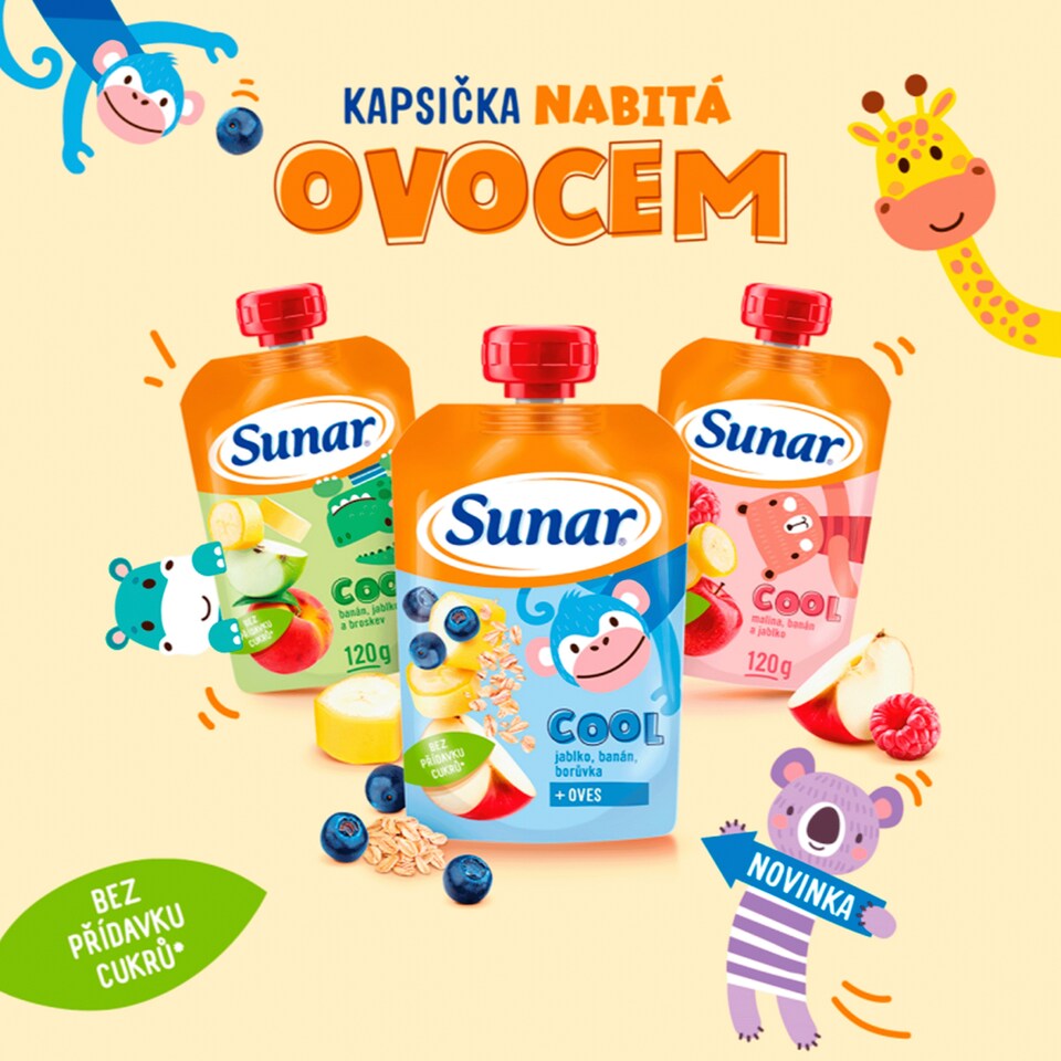 Obrázek 1 pro produkt Sunar Cool ovocná kapsička banán, meruňka, jogurt 12m+, 110g