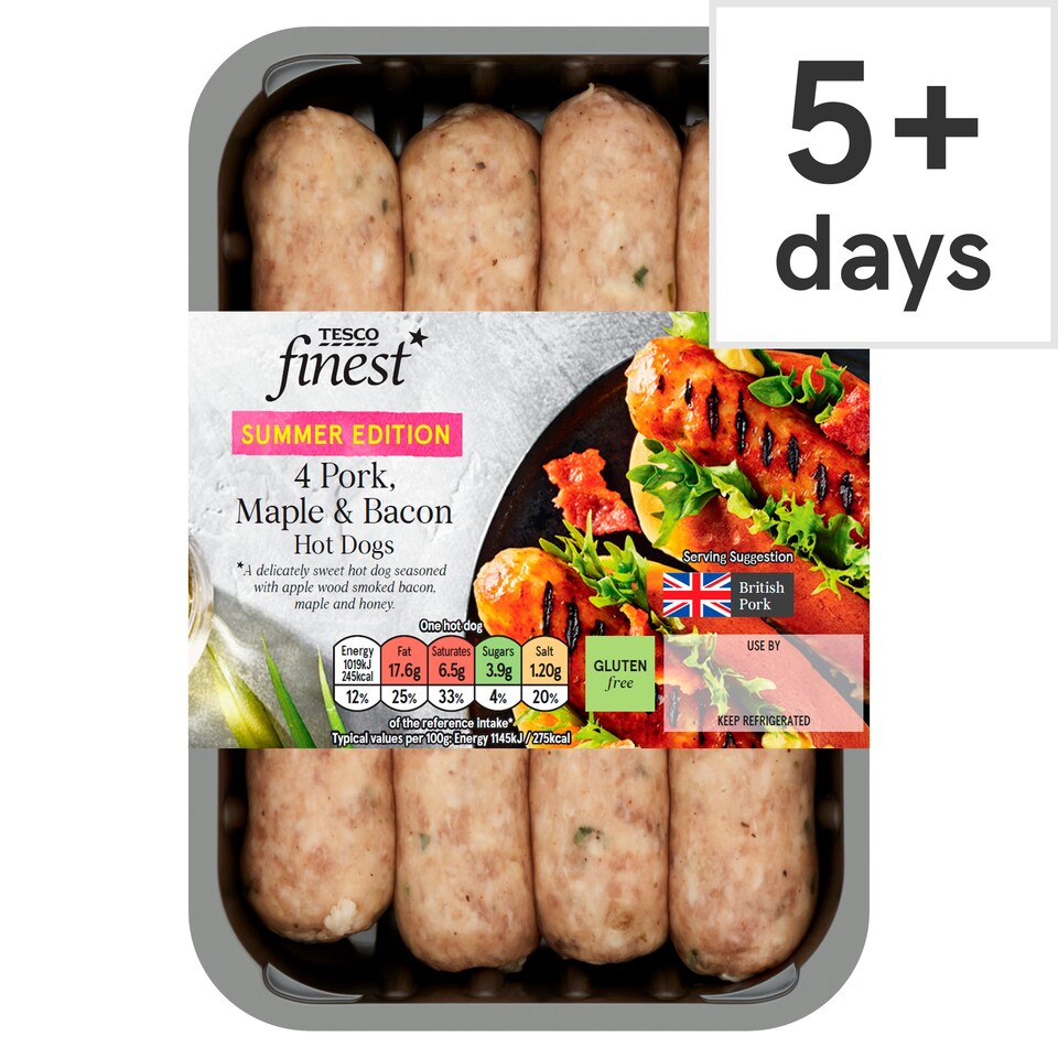 Tesco Finest 4 Pork Maple & Bacon Hot Dogs 400G