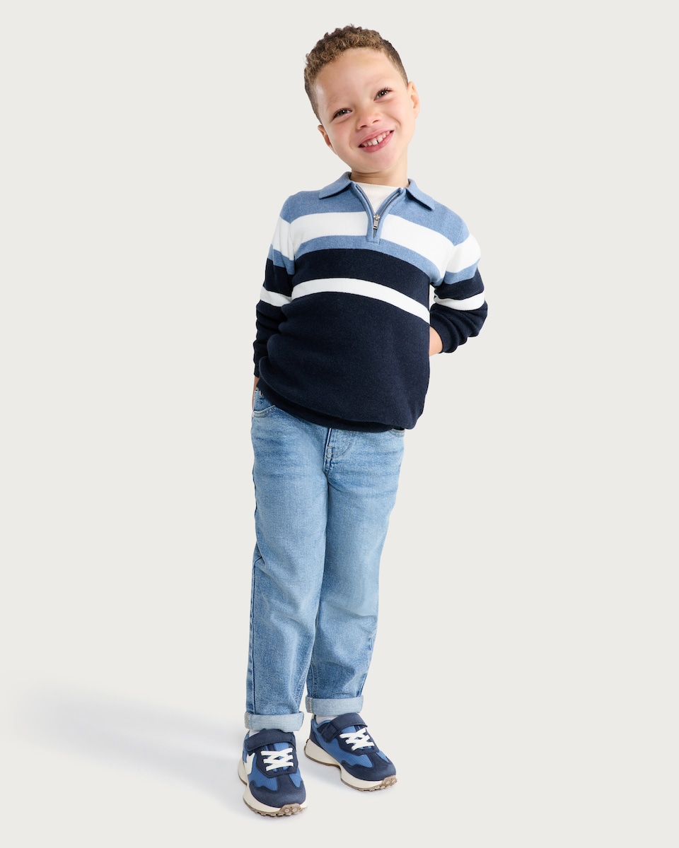 image 1 of F&F Boys Cotton Rich Colour Block Half Zip Polo Top in Navy