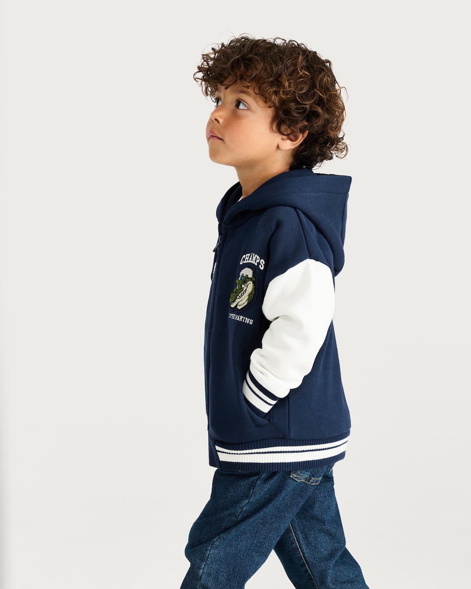 image 1 of F&F Boys Cotton Rich Champs Crocodile Bomber Jacket in Navy