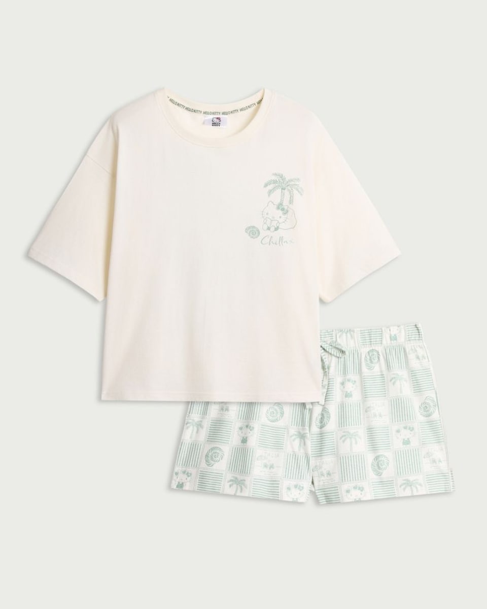 image 1 of Hello Kitty 2-Piece Pure Cotton Pyjama Set in Multi Green