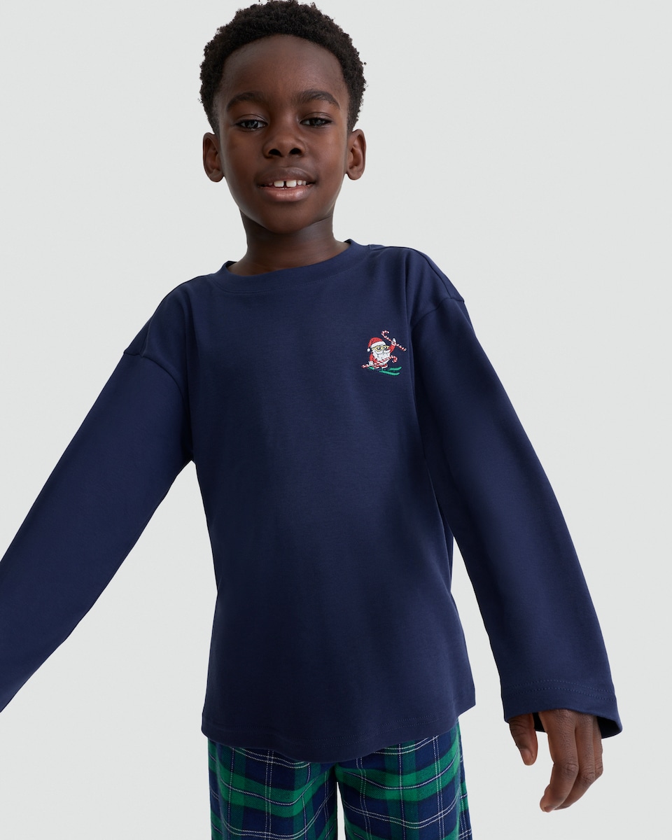 image 1 of F&F Boys Santa Top and Check Woven Trousers Pyjamas in Multi