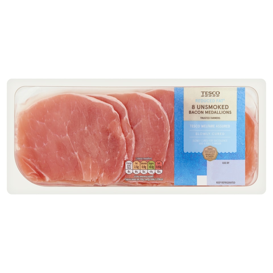 Tesco Reduced Fat & Salt 8 Bacon Medallions Unsmoked 240g