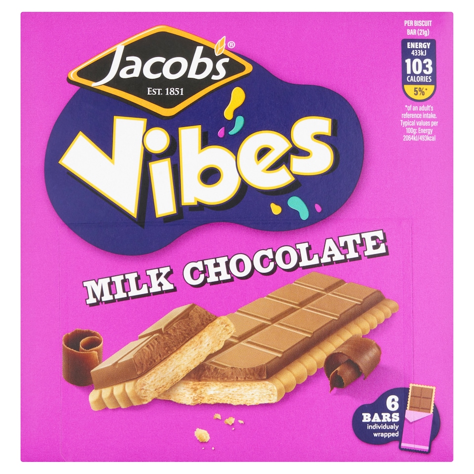 Jacobs Vibes Milk Chocolate Biscuit Bars 6 x 21g