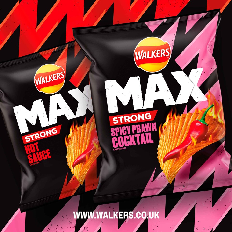 image 1 of Walkers Max Strong Fiery Prawn Cocktail Grab Bag Crisps 50g