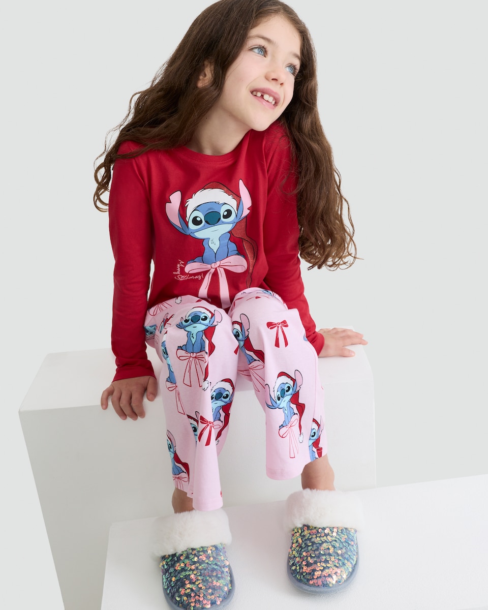 image 1 of Disney Lilo & Stitch Pure Cotton Christmas Print Pyjamas in Multi
