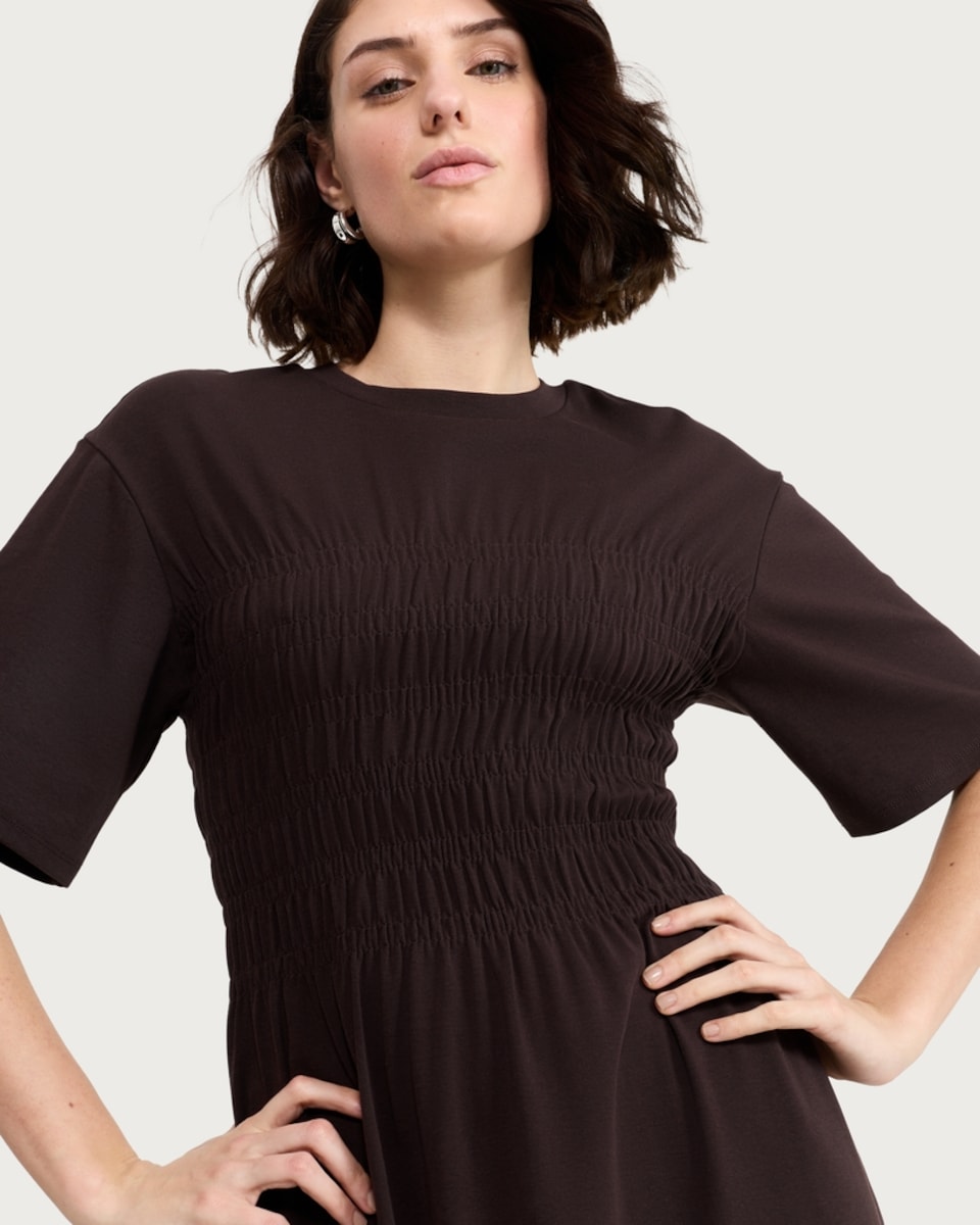 image 1 of F&F Cotton Rich Shirred Waist Midi Dress in Brown