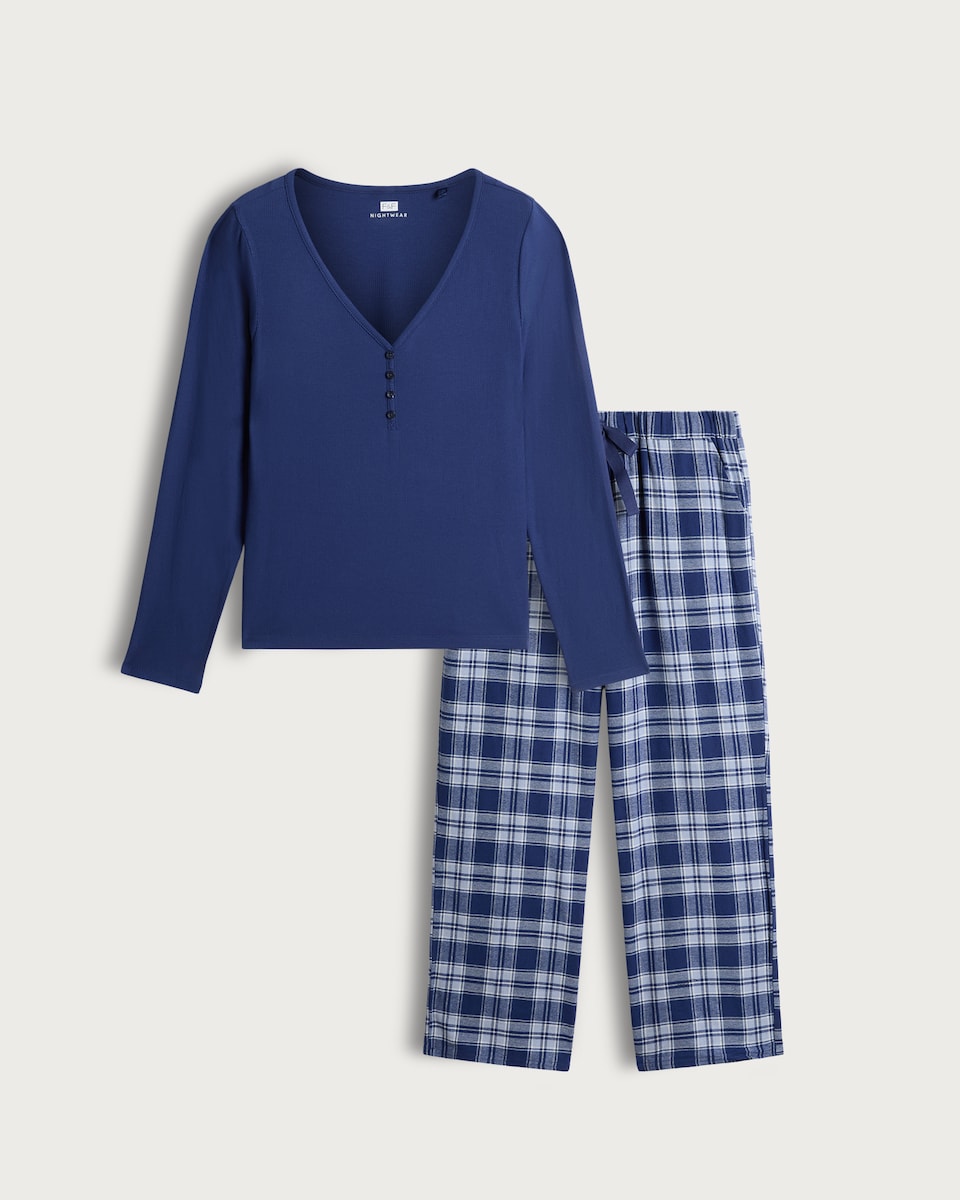 image 1 of F&F Henley Top and Check Print Bottoms Pyjama Set in Blue