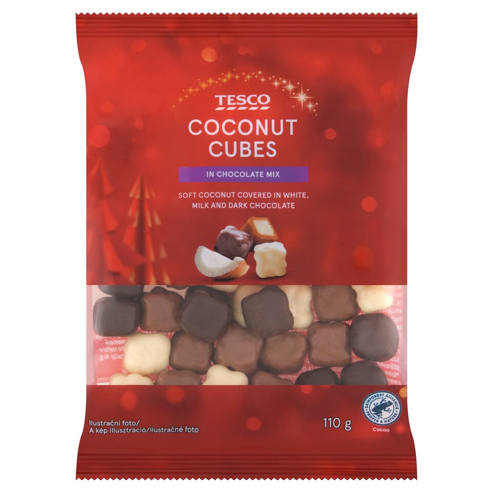 Tesco Kokosové kostky v bílé mléčné a hořké čokoládě 110g