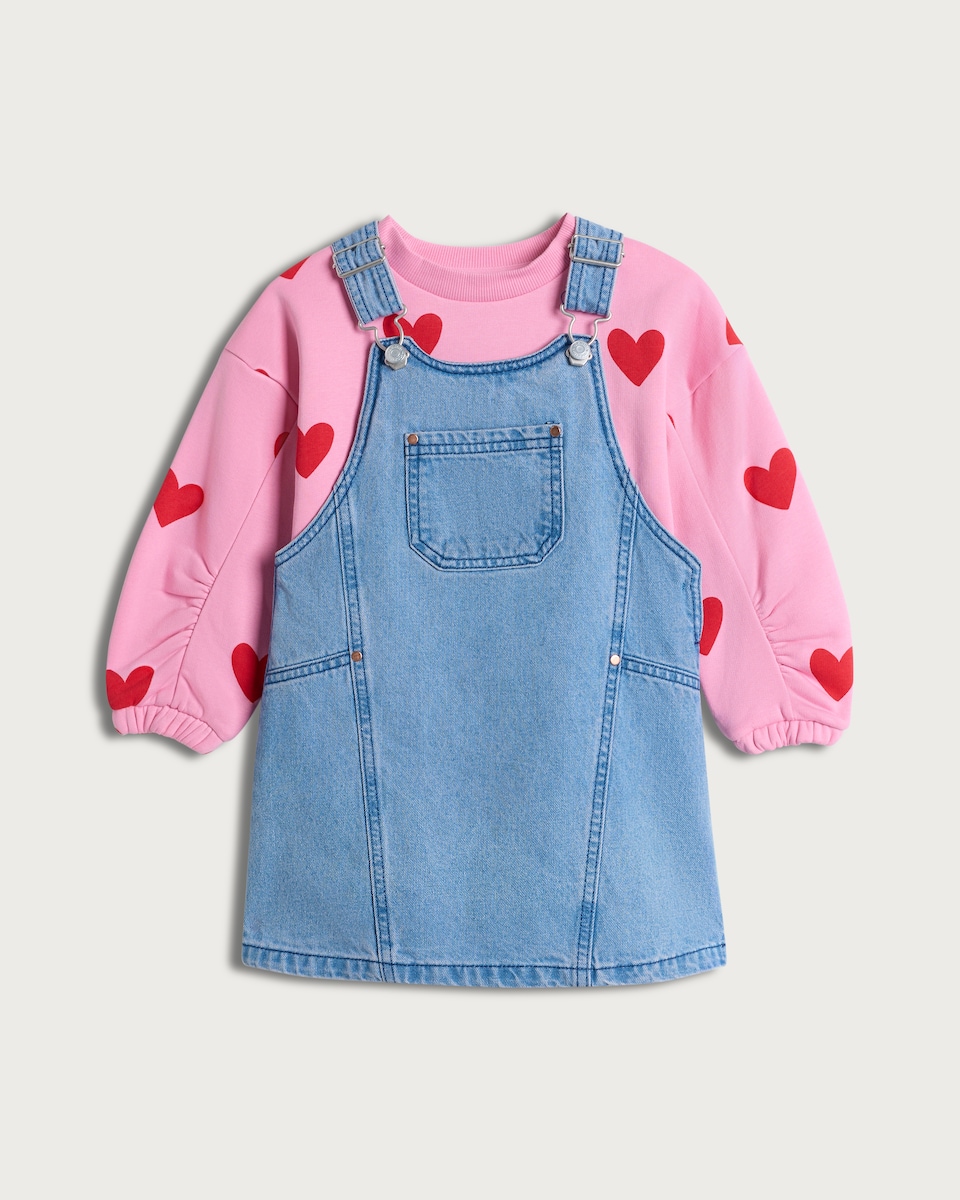 image 1 of F&F Girls 2-Piece Cotton Rich Heart Print Sweatshirt and Denim Pinafore Dress Set in Blue