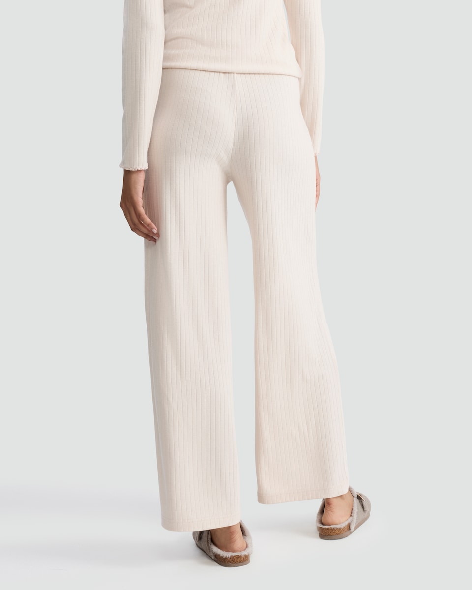 image 1 of Rise by Zara McDermott Ribbed Wide Leg Pyjama Bottoms in Stone