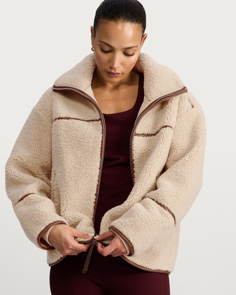 image 1 of F&F Borg Funnel Neck Zip Through Jacket in Neutral