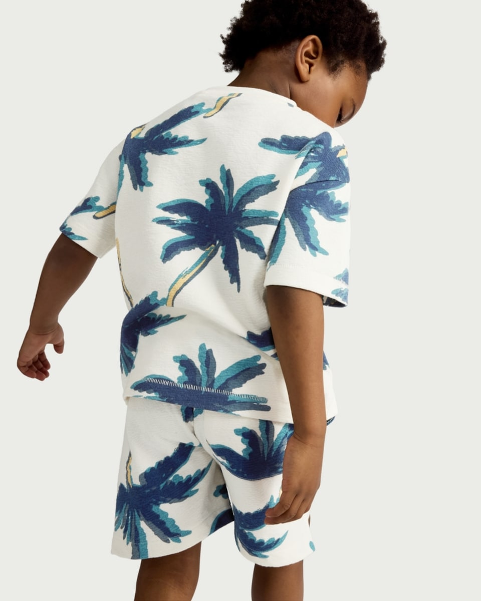 image 1 of F&F Boys 2-Piece Pure Cotton Palm Tree Print T-Shirt and Shorts Set in Cream