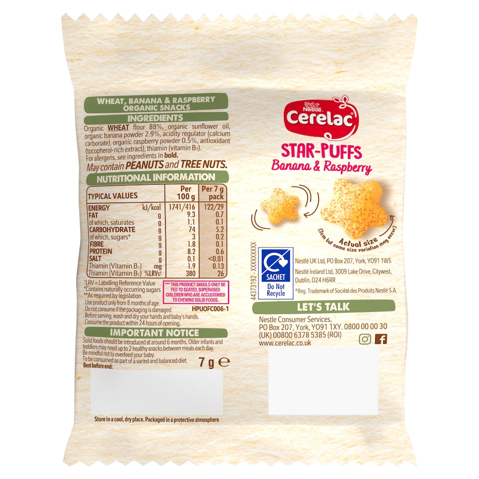 image 1 of CERELAC STAR PUFFS BANANA AND RASPBERRY 7g