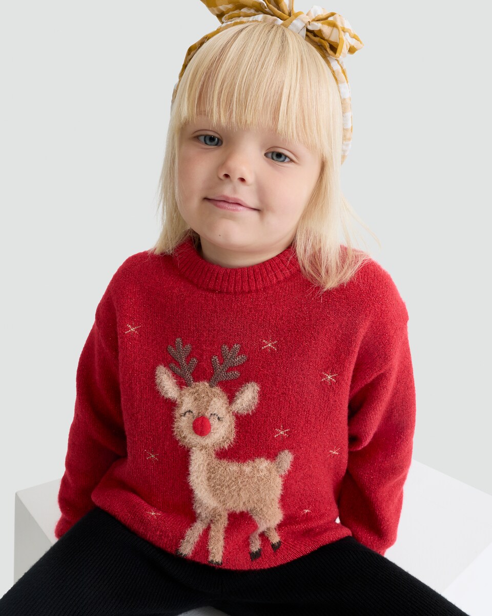 image 1 of F&F Girls Knitted Reindeer Christmas Print Jumper in Pink