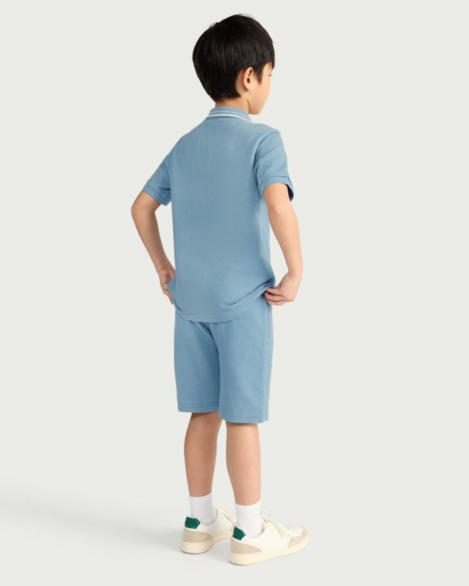 image 1 of F&F Boys 2-Piece Cotton Rich Textured Polo Shirt and Shorts Set in Blue