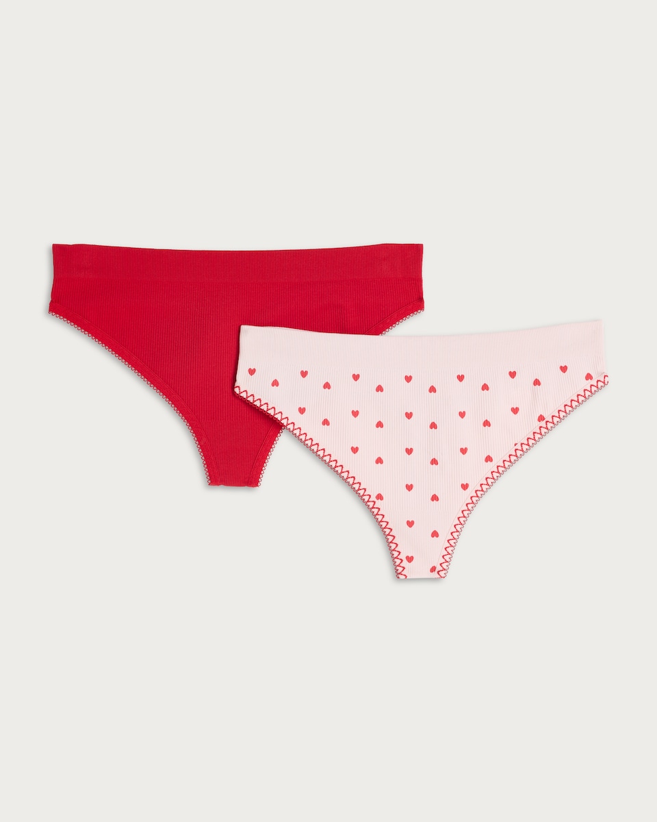 image 1 of F&F 2-Pack Ribbed Heart Print Thongs in Multi