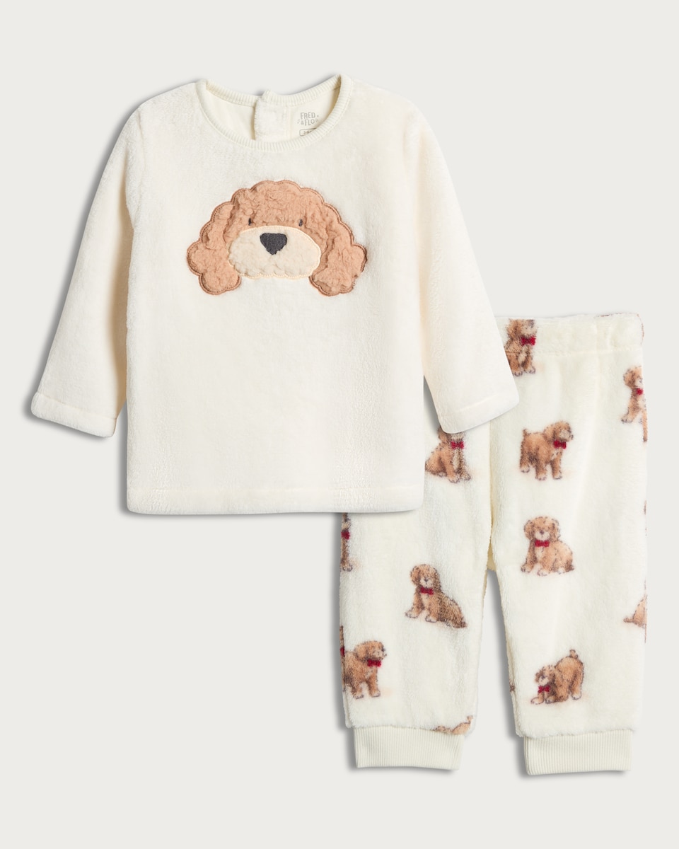 image 1 of F&F Baby Fleece Curtis Dog Motif Pyjamas in White