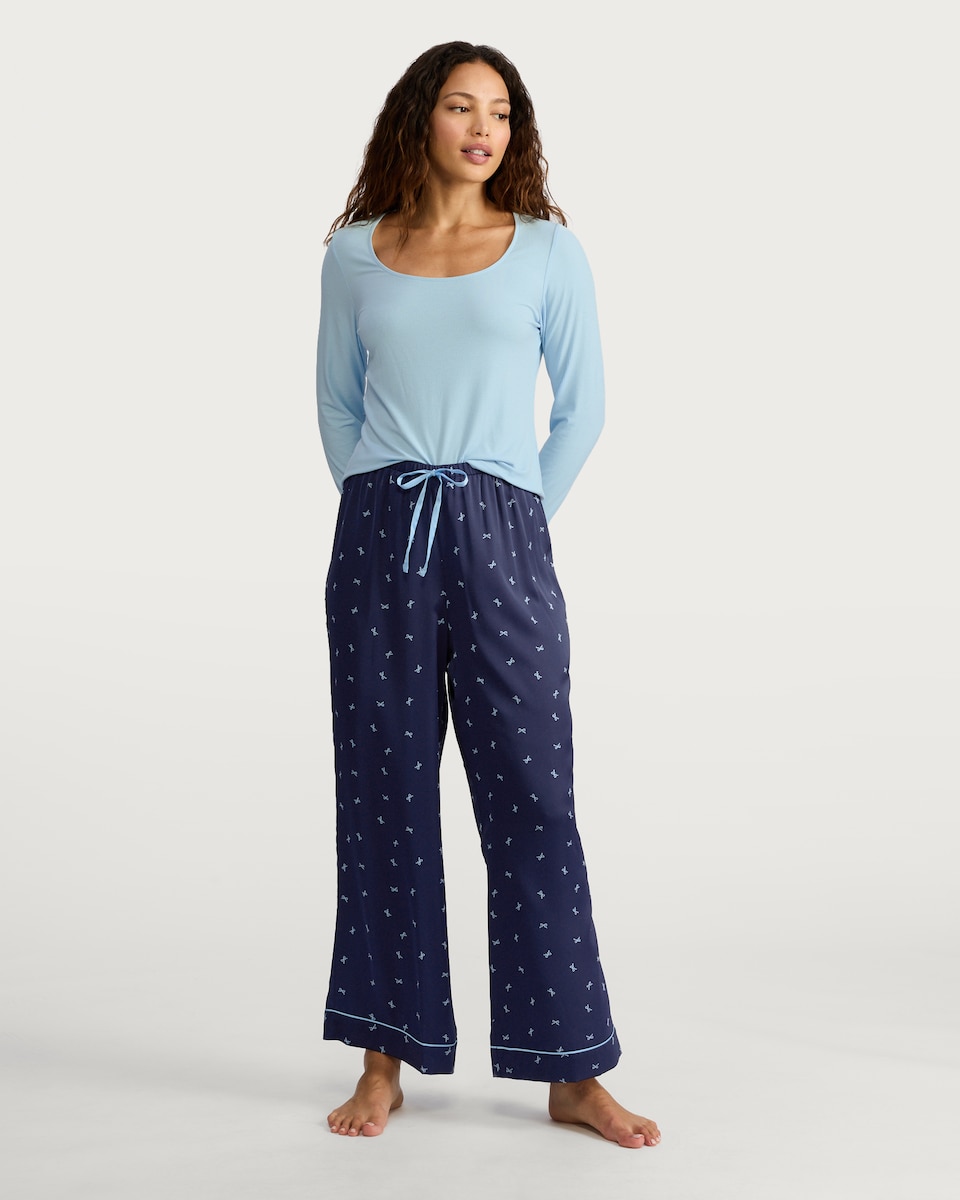 image 1 of F&F Ribbed Scoop Neck Bow Print Pyjama Set in Multi Blue