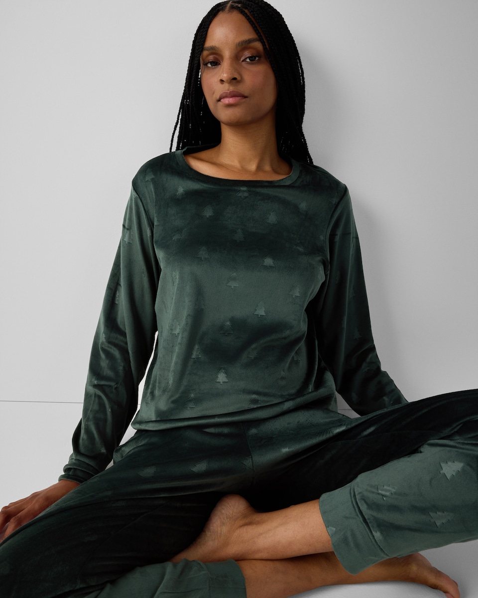 image 1 of Christmas Fleece Embossed Tree Pyjama Set in Green