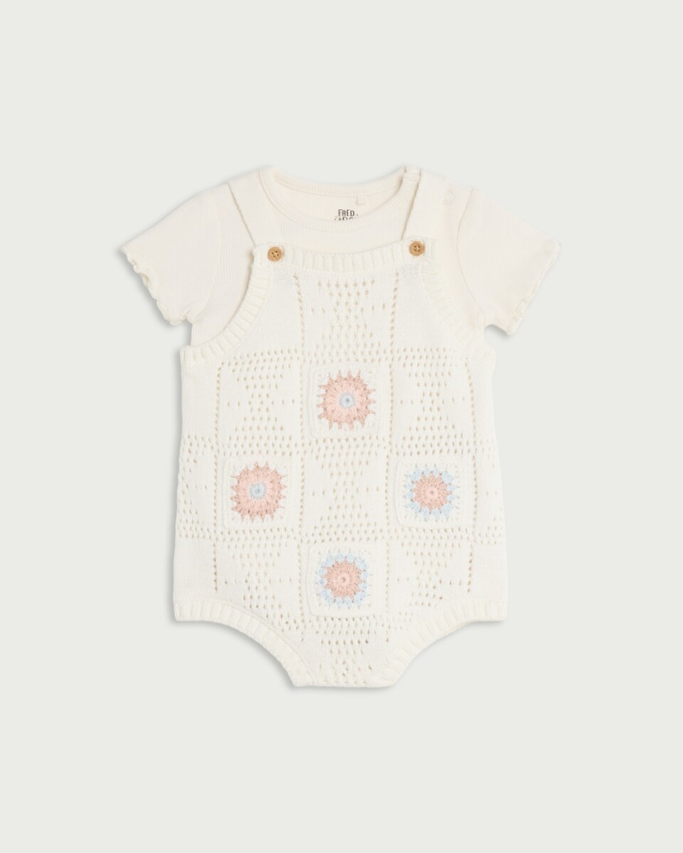 image 1 of F&F Baby 2-Piece Pure Cotton Knitted Dungarees and Bodysuit in Cream