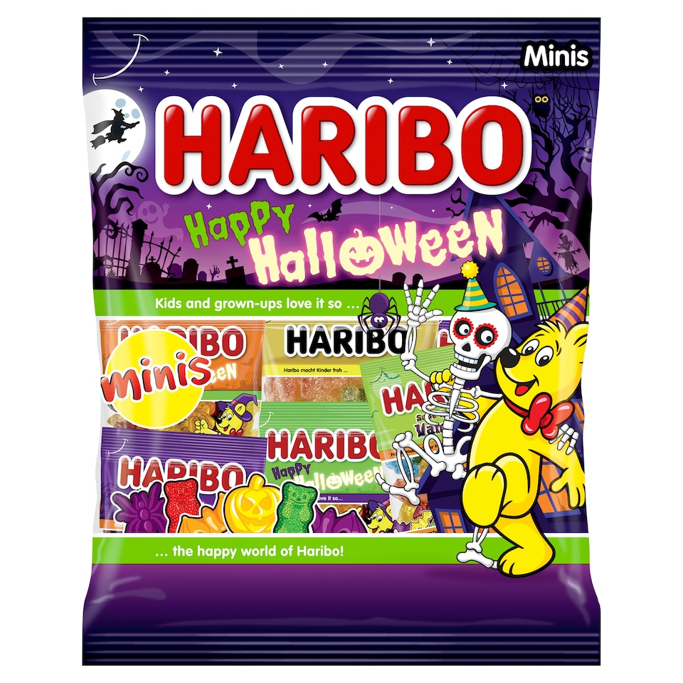 Haribo Happy Halloween vegyes, gyümölcsízű és savanyú, gyümölcsízű kandírozott gumicukorka 250 g