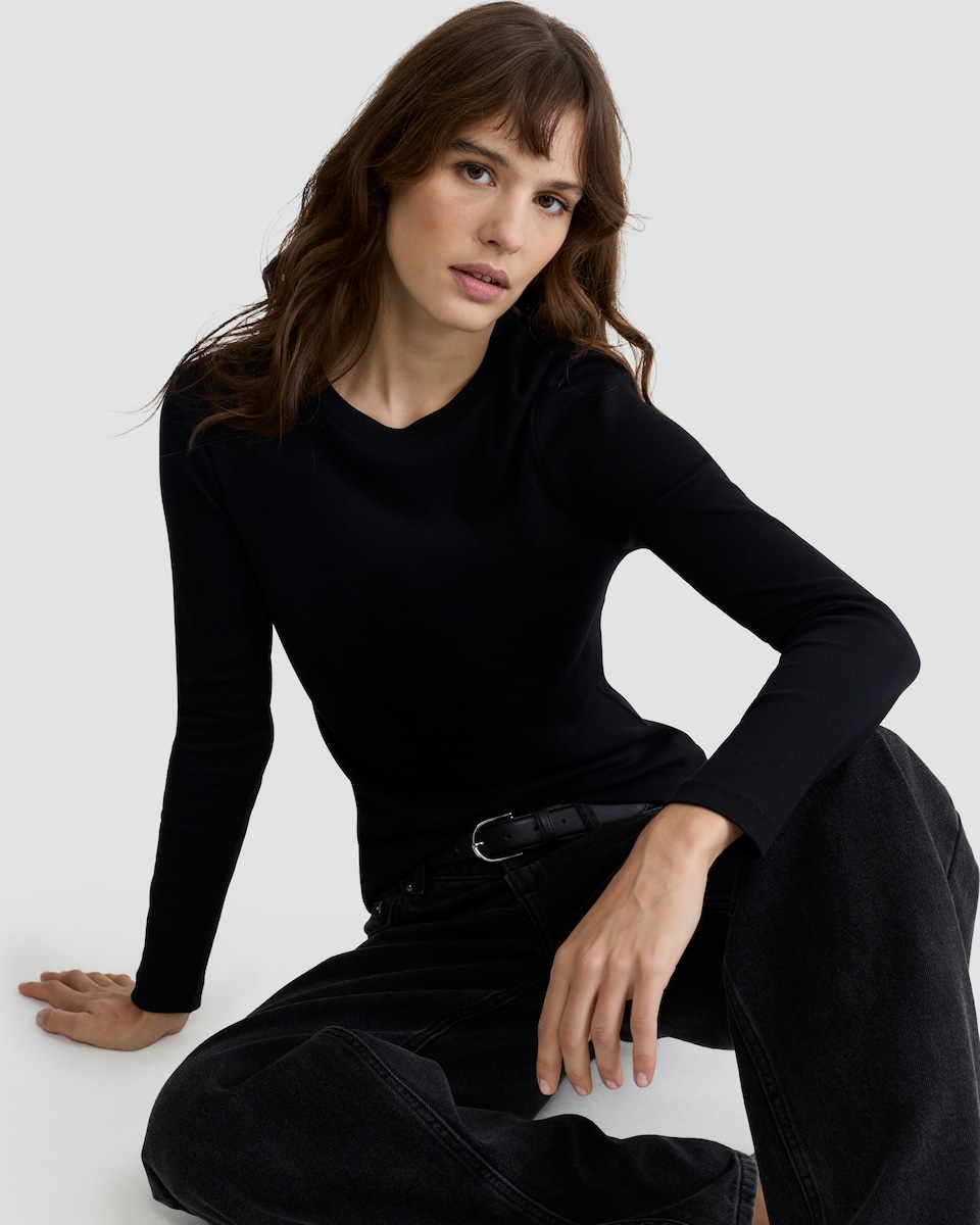 image 1 of F&F Cotton Rich Ribbed Striped Long Sleeved Top in Black