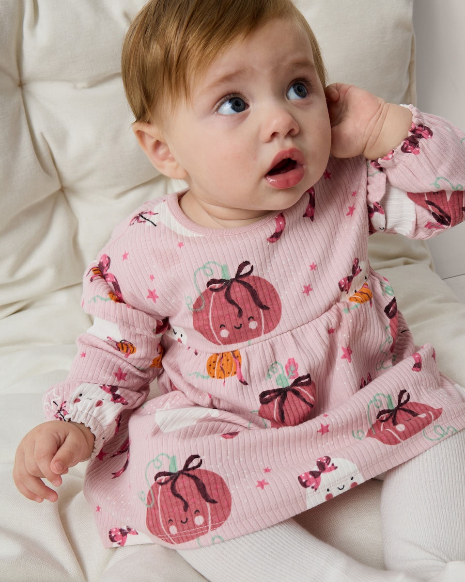 image 1 of F&F Baby Cotton Rich Ribbed Halloween Dress in Pink