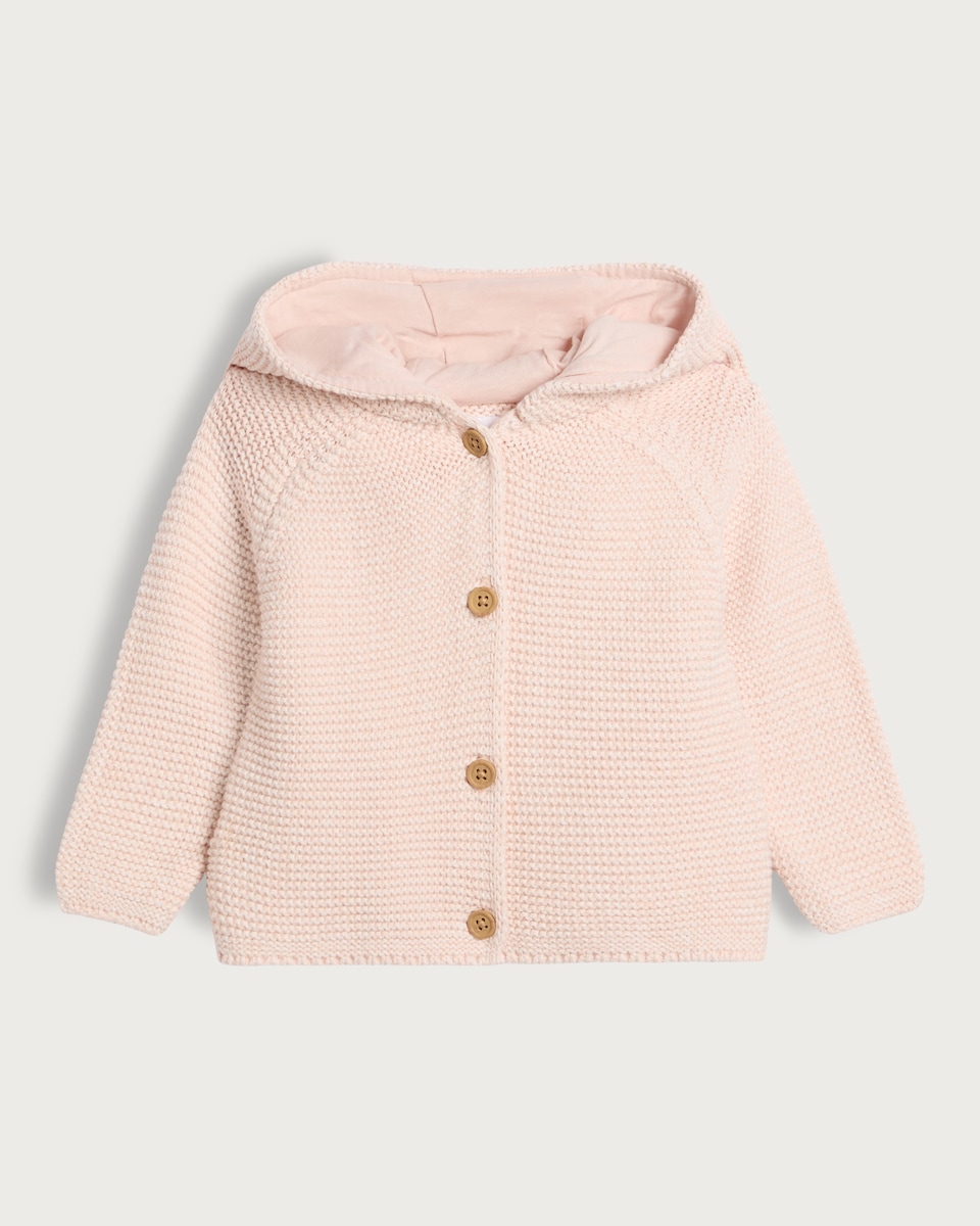 image 1 of F&F Baby Pure Cotton Knitted Button Front Hooded Cardigan in Multi Pink