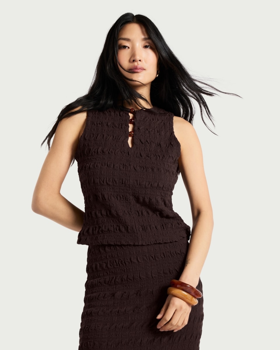 image 1 of F&F Textured Buttoned Co-ord Sleeveless Top in Brown
