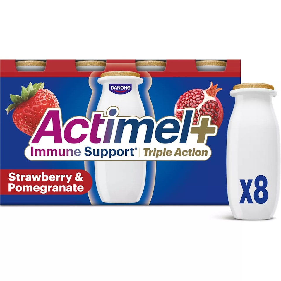 image 1 of Actimel+ Triple Action 100% Vitamin D Strawberry & Pomegranate Yoghurt Drink 8x100g