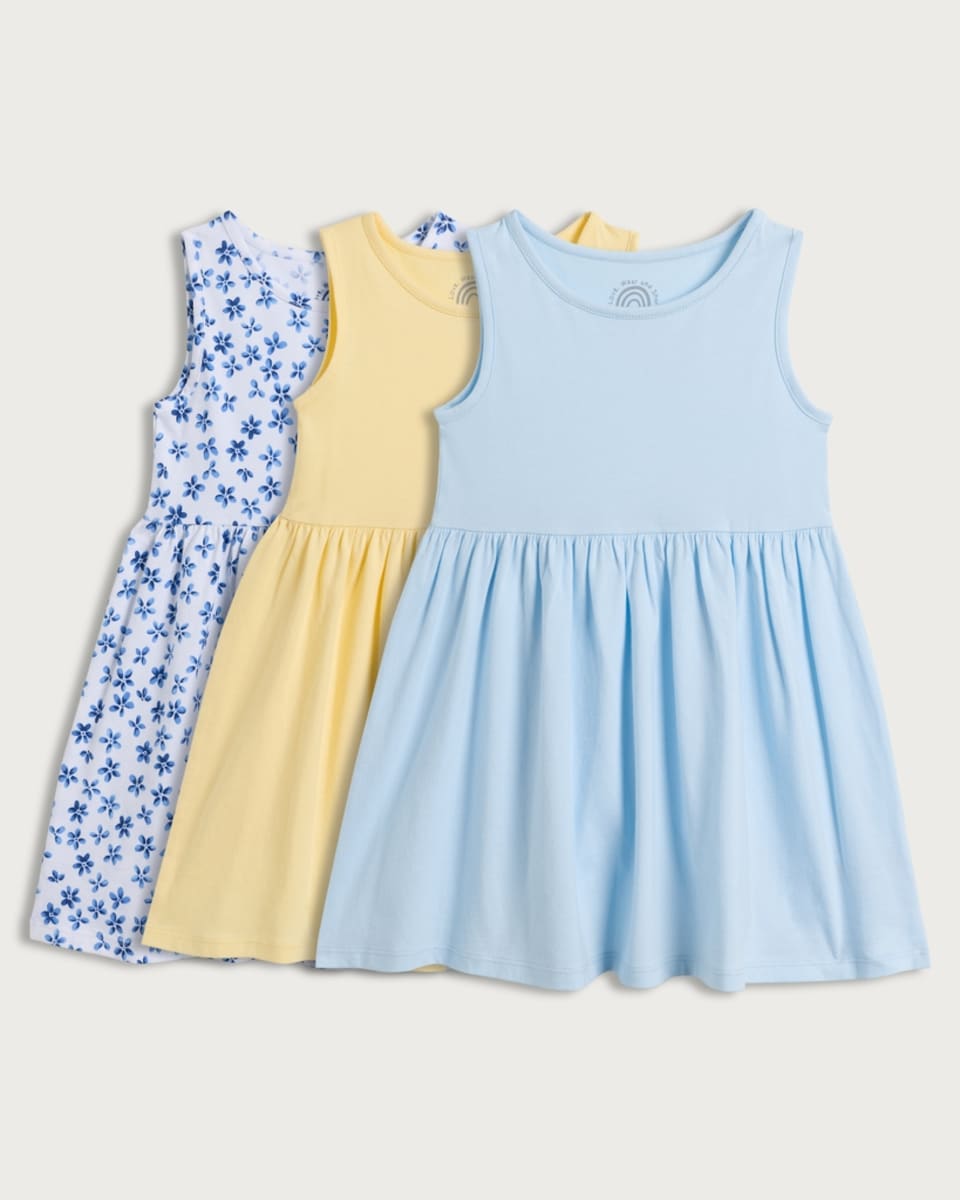 F&F Girls 3-Pack Pure Cotton Sleeveless Dresses in Multi Blue