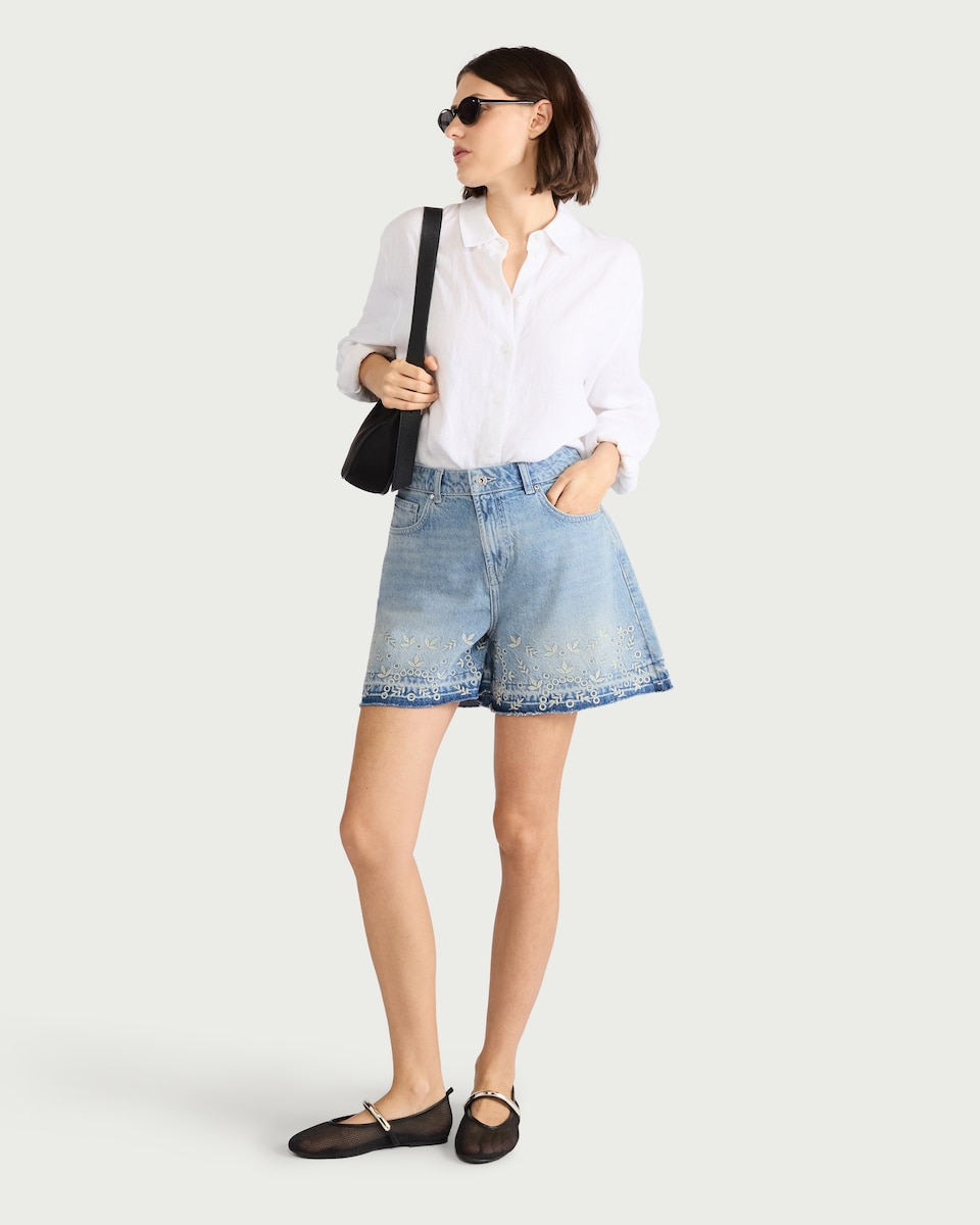 image 1 of F&F Pure Cotton Embroidered Denim Shorts in Blue