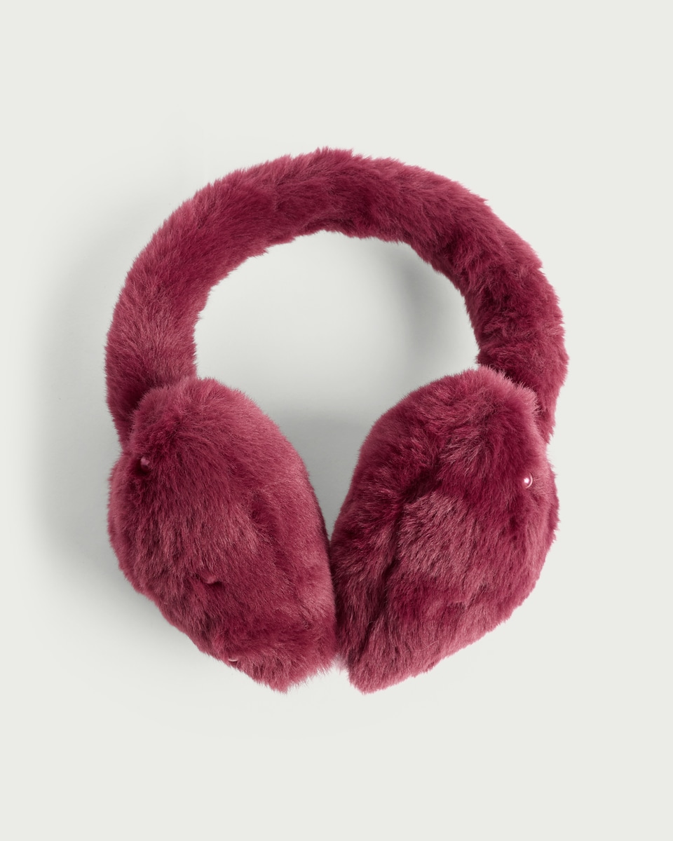 image 1 of F&F Faux Fur Heart Earmuffs in Burgundy