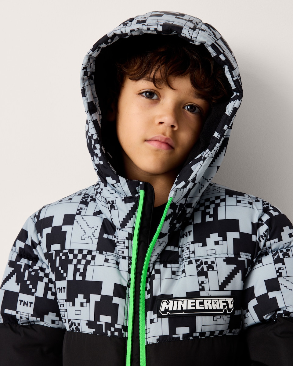 image 1 of Minecraft Printed Zip Up Puffer Coat in Black