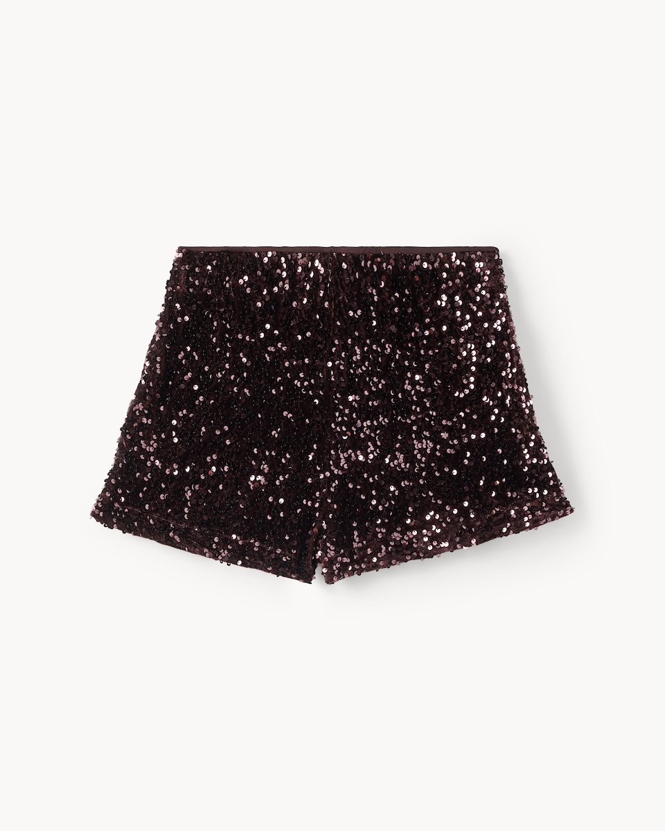 image 1 of F&F Velvet Sequin Shorts in Burgundy