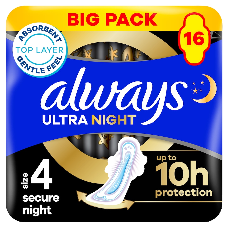 image 1 of Always Ultra Secure Night Sanitary Towels with Wings Size 4 16 Pack