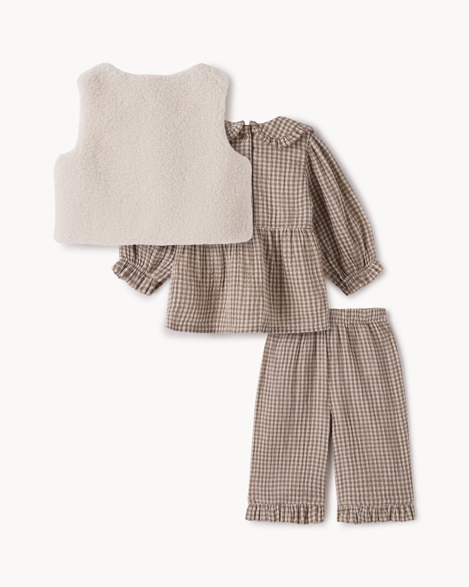 image 1 of F&F Baby Borg Gilet, Top and Trousers Set in Brown