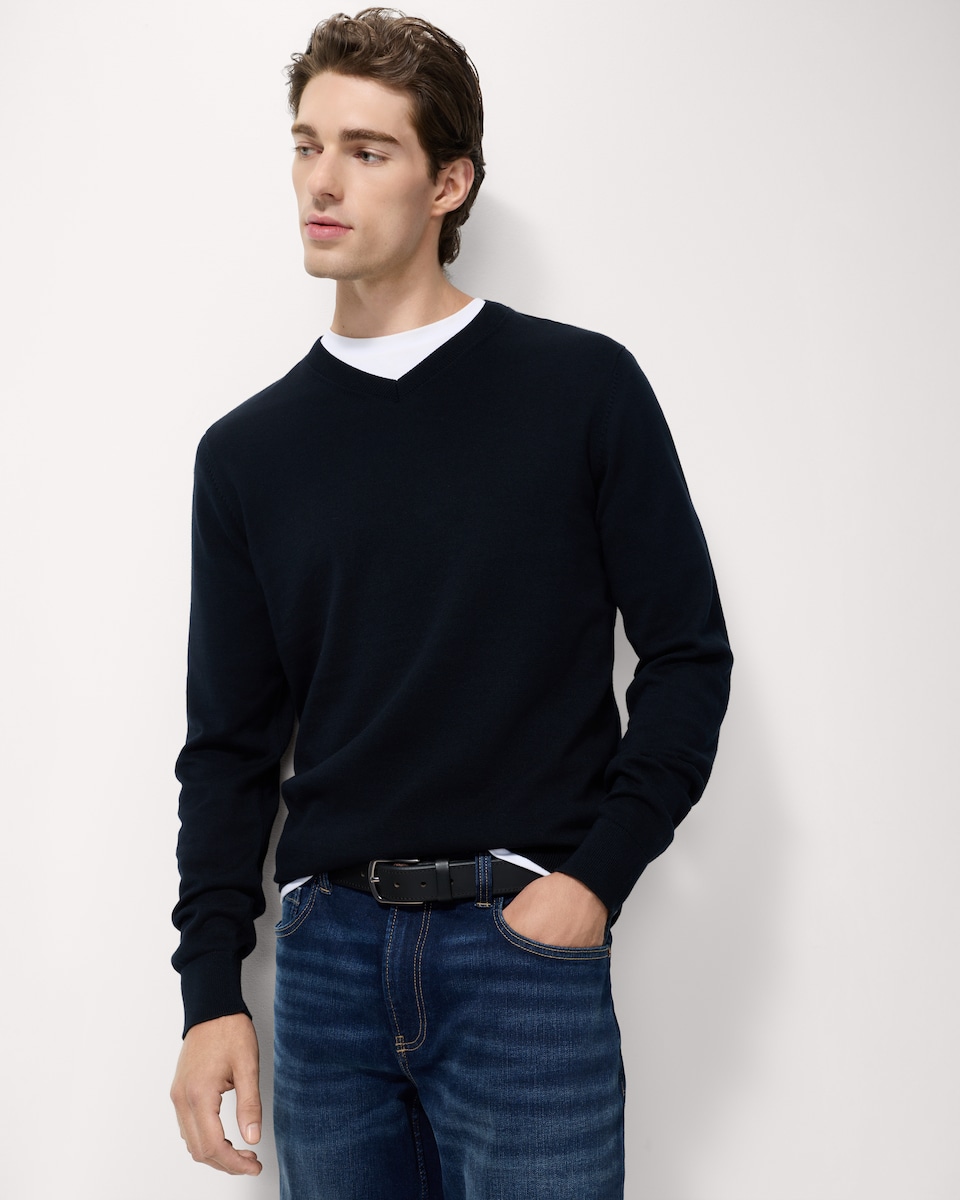 image 1 of F&F Pure Cotton V Neck Jumper in Navy