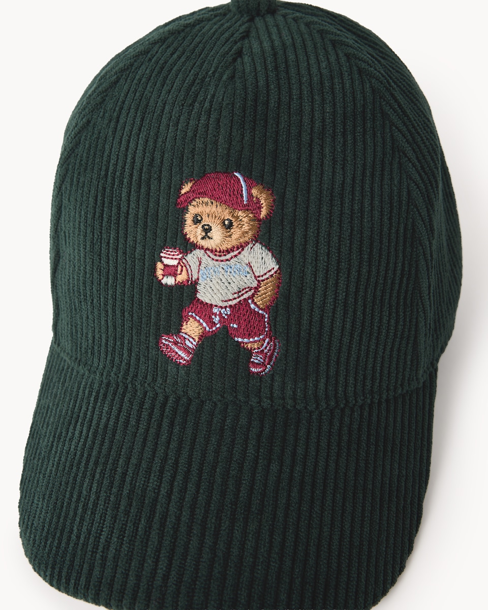 image 1 of F&F Boys Corduroy Embroidered Bear Cap in Green